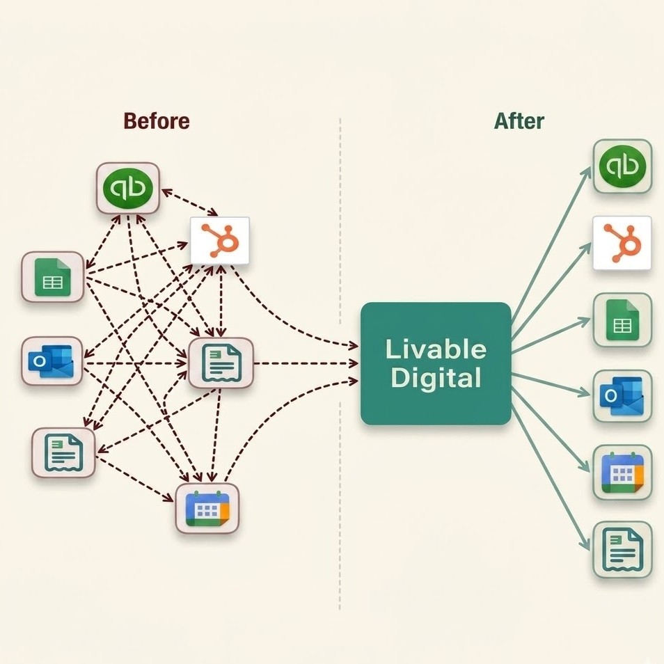 Before and after diagram showing Livable Digital as the hub connecting business tools